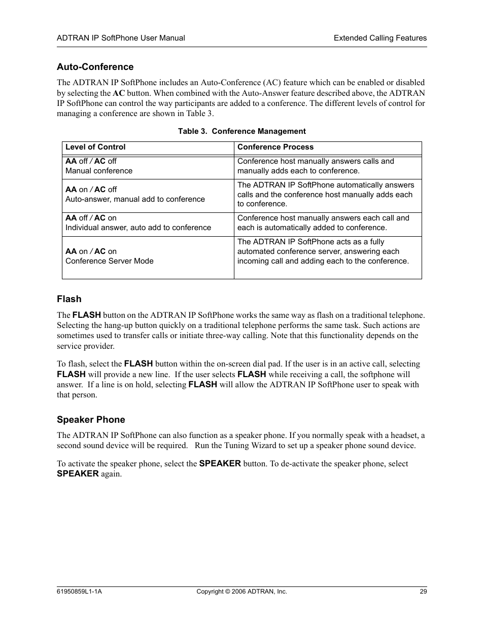Auto-conference, Flash, Speaker phone | Auto-conference flash speaker phone, Table 3, Conference management | ADTRAN 1950859L1 User Manual | Page 29 / 52