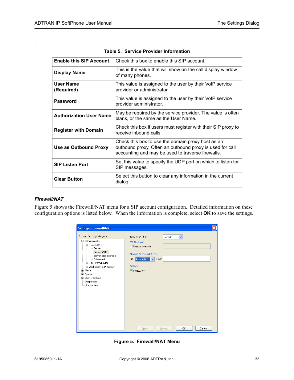Firewall/nat, Figure 5, Firewall/nat menu | Table 5, Service provider information | ADTRAN 1950859L1 User Manual | Page 33 / 52