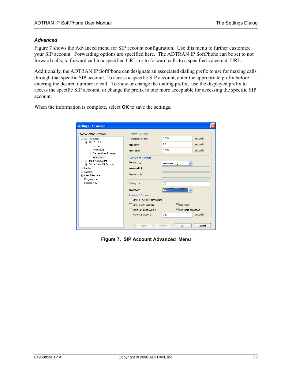 Advanced, Figure 7, Sip account advanced menu | ADTRAN 1950859L1 User Manual | Page 35 / 52