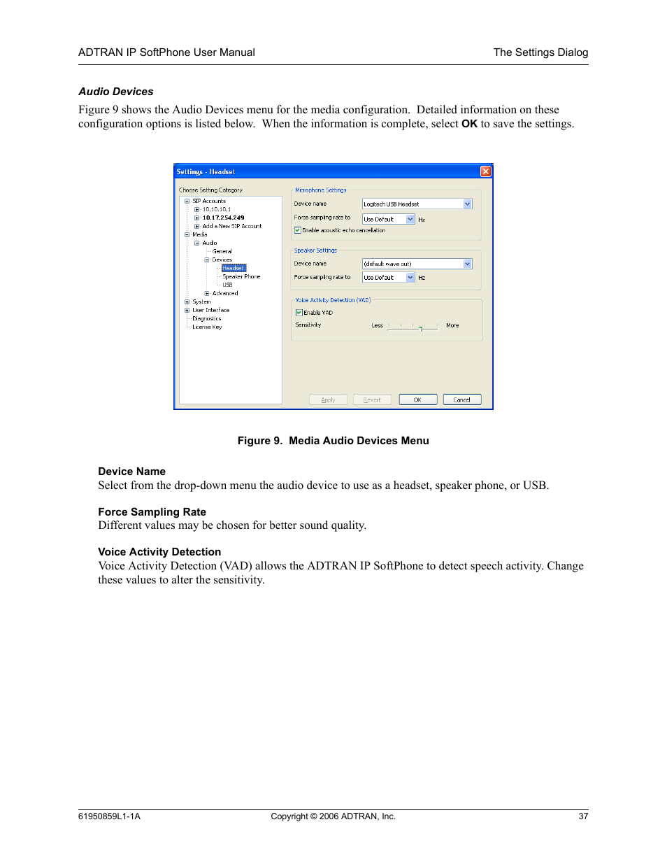 Audio devices, Figure 9, Media audio devices menu | ADTRAN 1950859L1 User Manual | Page 37 / 52