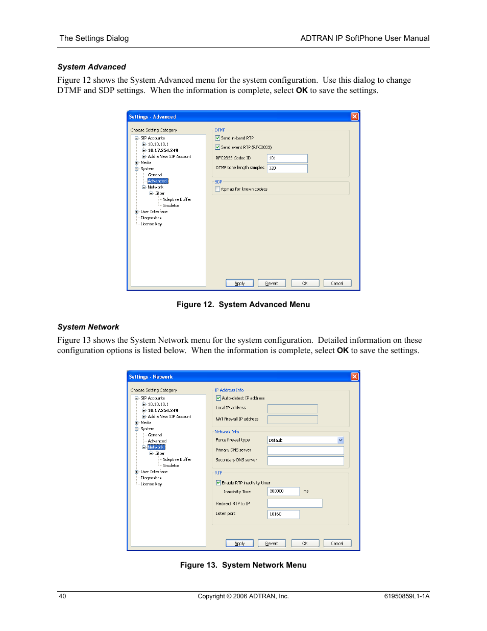 System advanced, System network | ADTRAN 1950859L1 User Manual | Page 40 / 52