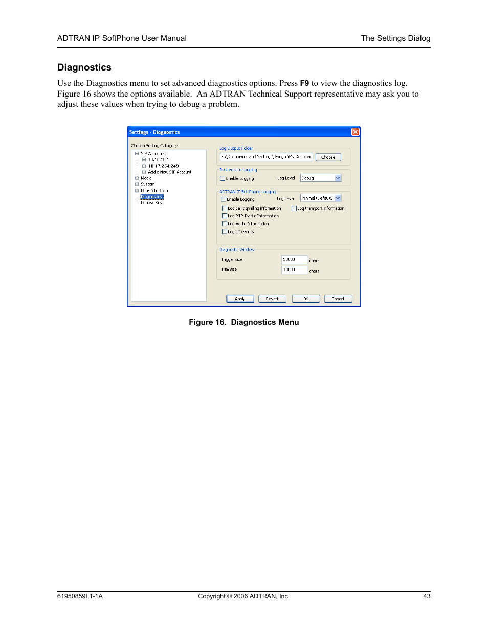 Diagnostics, Figure 16. diagnostics menu | ADTRAN 1950859L1 User Manual | Page 43 / 52