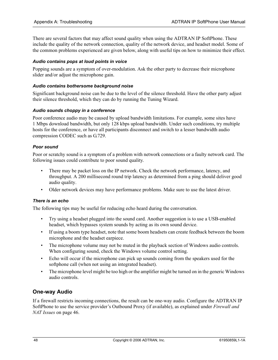 Audio contains pops at loud points in voice, Audio contains bothersome background noise, Audio sounds choppy in a conference | Poor sound, There is an echo, One-way audio | ADTRAN 1950859L1 User Manual | Page 48 / 52