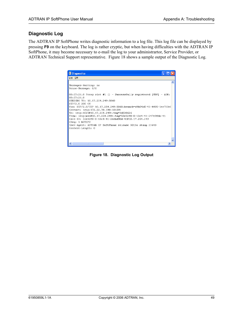 Diagnostic log, Figure 18. diagnostic log output | ADTRAN 1950859L1 User Manual | Page 49 / 52