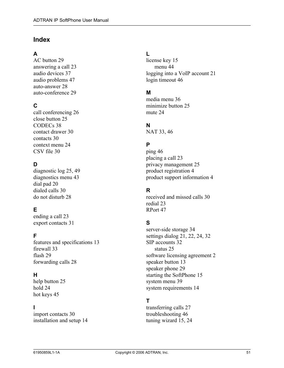 Index | ADTRAN 1950859L1 User Manual | Page 51 / 52