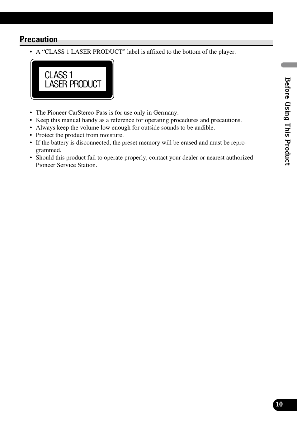 Precaution, Class 1 laser product | Pioneer DEX-P90RS User Manual | Page 11 / 94