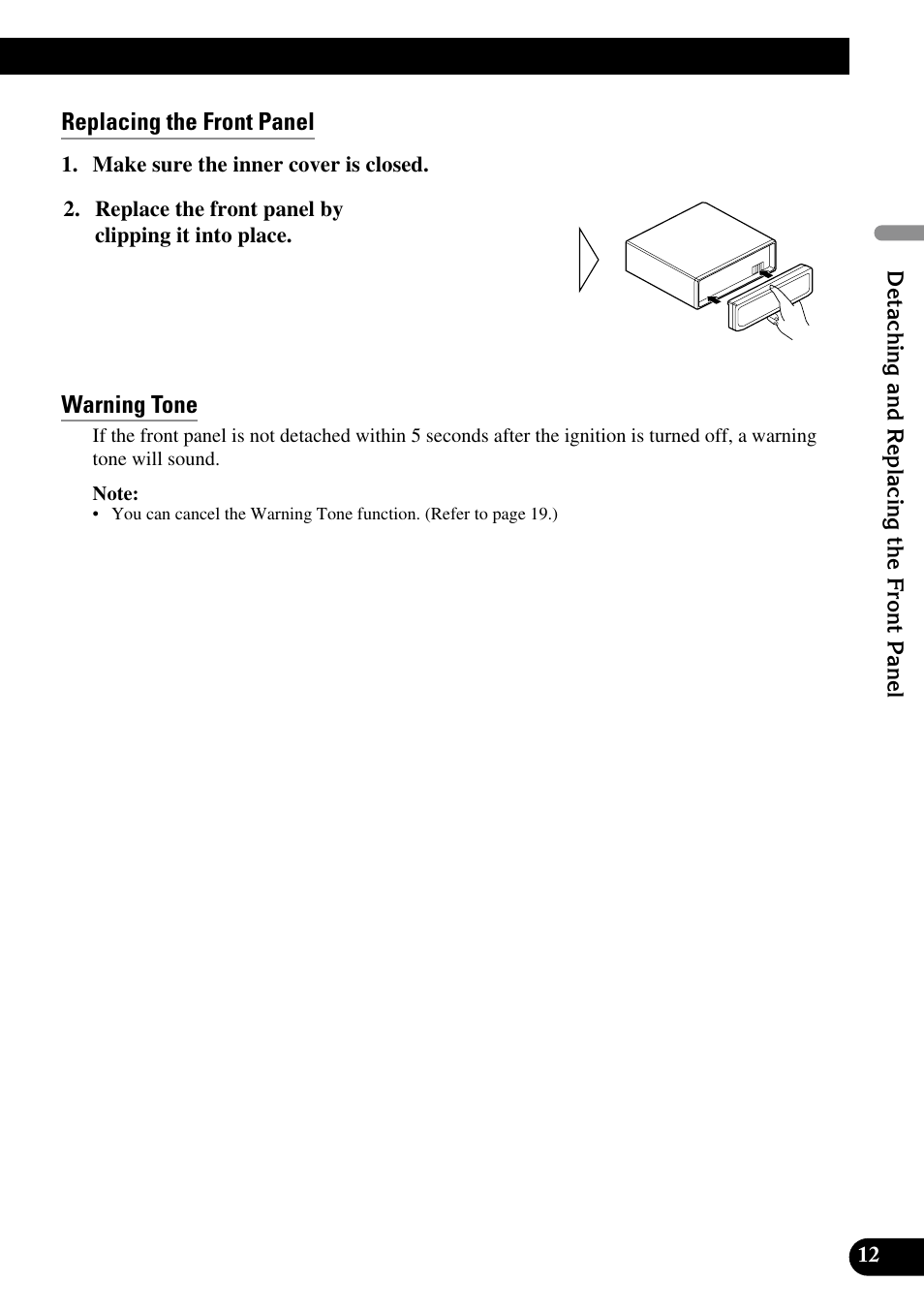 Replacing the front panel, Warning tone | Pioneer DEX-P90RS User Manual | Page 13 / 94