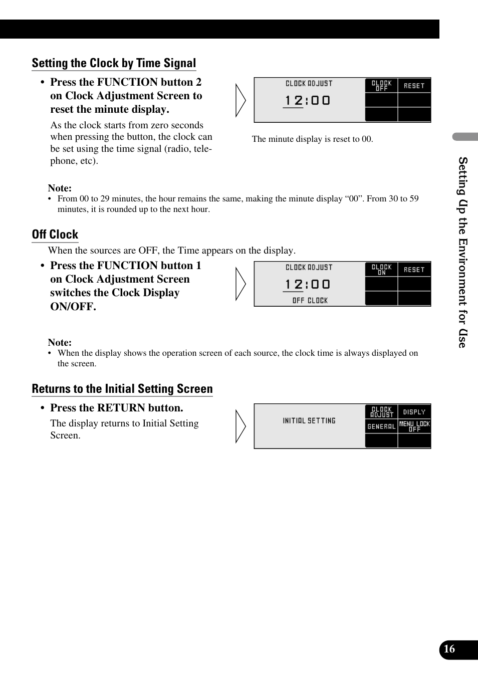 Setting the clock by time signal, Off clock, Returns to the initial setting screen | Pioneer DEX-P90RS User Manual | Page 17 / 94