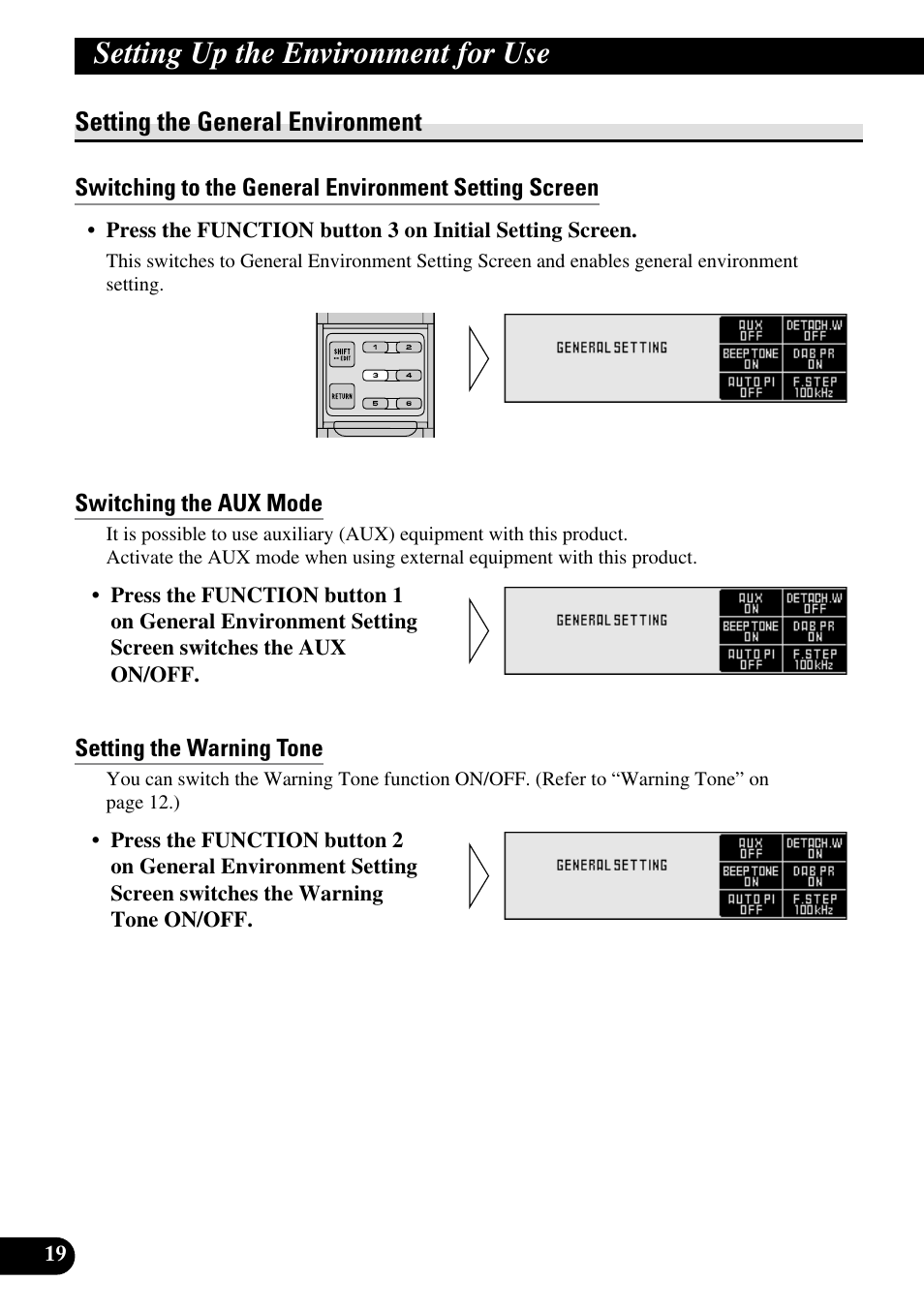 Setting the general environment, Switching the aux mode, Setting the warning tone | Setting up the environment for use | Pioneer DEX-P90RS User Manual | Page 20 / 94