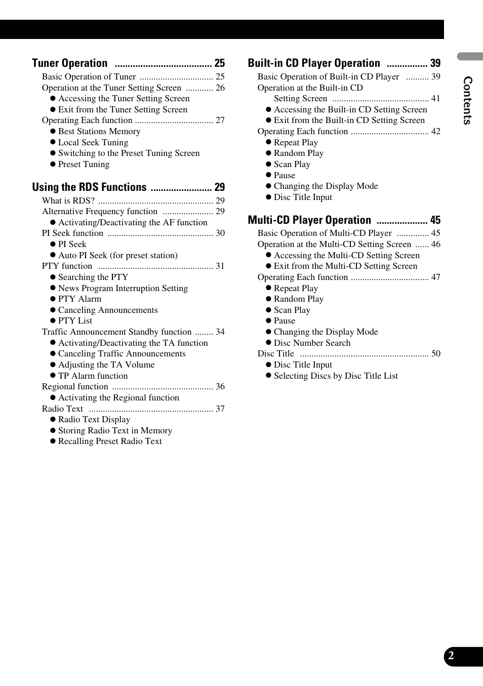 Tuner operation, Using the rds functions, Built-in cd player operation | Multi-cd player operation, 2contents | Pioneer DEX-P90RS User Manual | Page 3 / 94