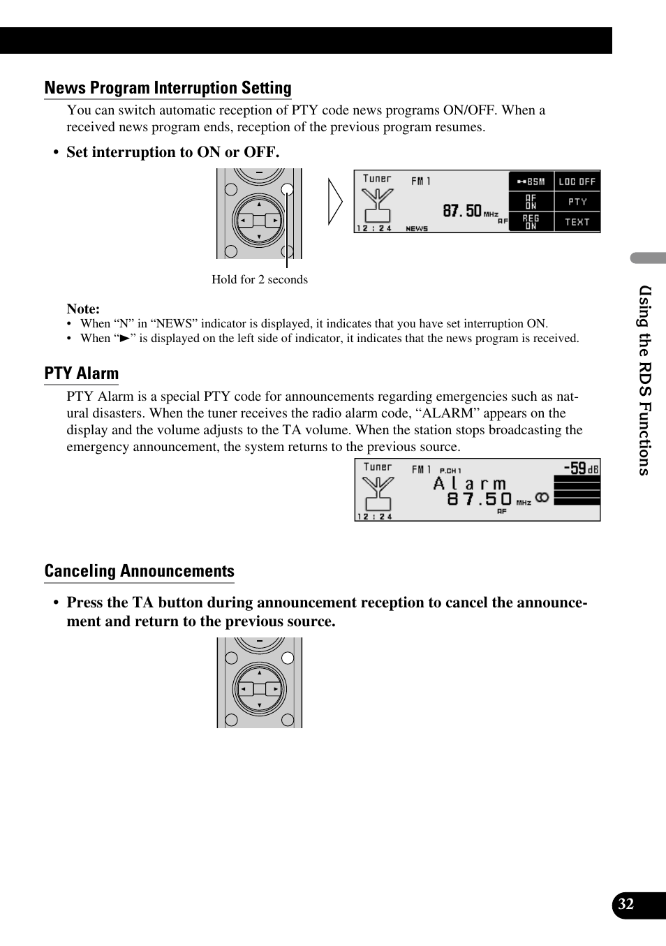 News program interruption setting, Pty alarm, Canceling announcements | Pioneer DEX-P90RS User Manual | Page 33 / 94
