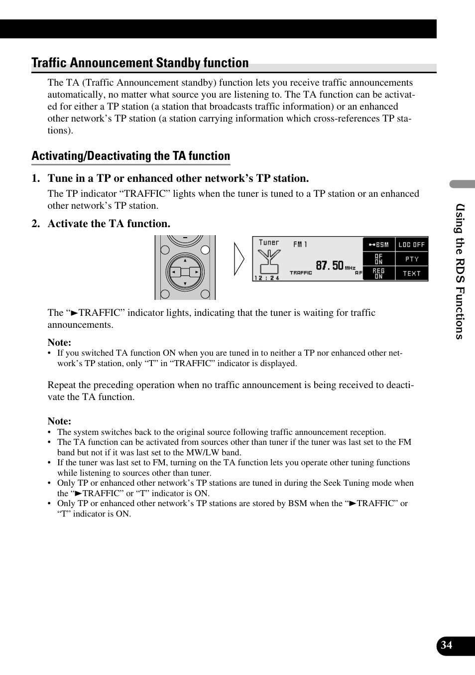 Traffic announcement standby function, Activating/deactivating the ta function | Pioneer DEX-P90RS User Manual | Page 35 / 94