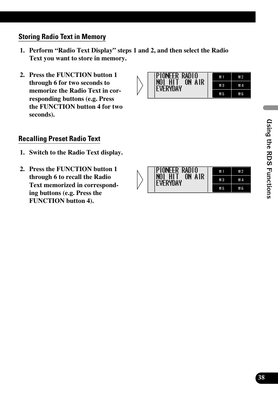 Storing radio text in memory, Recalling preset radio text | Pioneer DEX-P90RS User Manual | Page 39 / 94