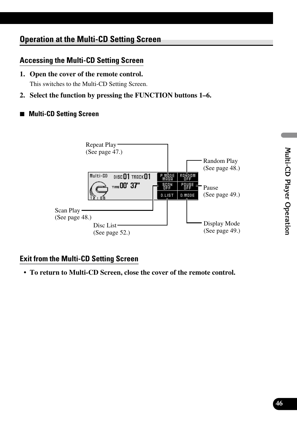 Operation at the multi-cd setting screen, Accessing the multi-cd setting screen, Exit from the multi-cd setting screen | Pioneer DEX-P90RS User Manual | Page 47 / 94