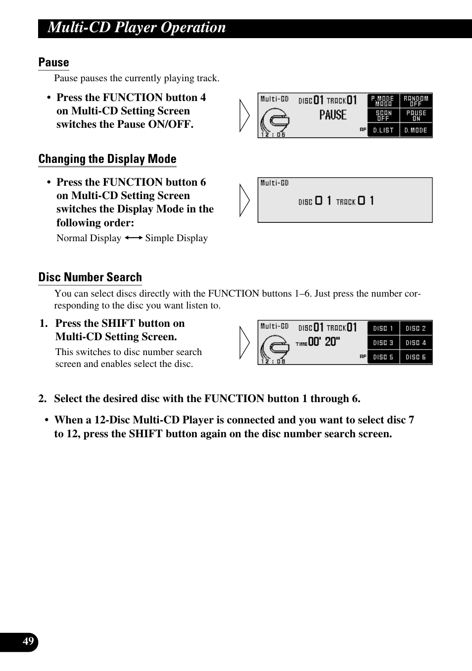 Pause, Changing the display mode, Disc number search | Multi-cd player operation | Pioneer DEX-P90RS User Manual | Page 50 / 94