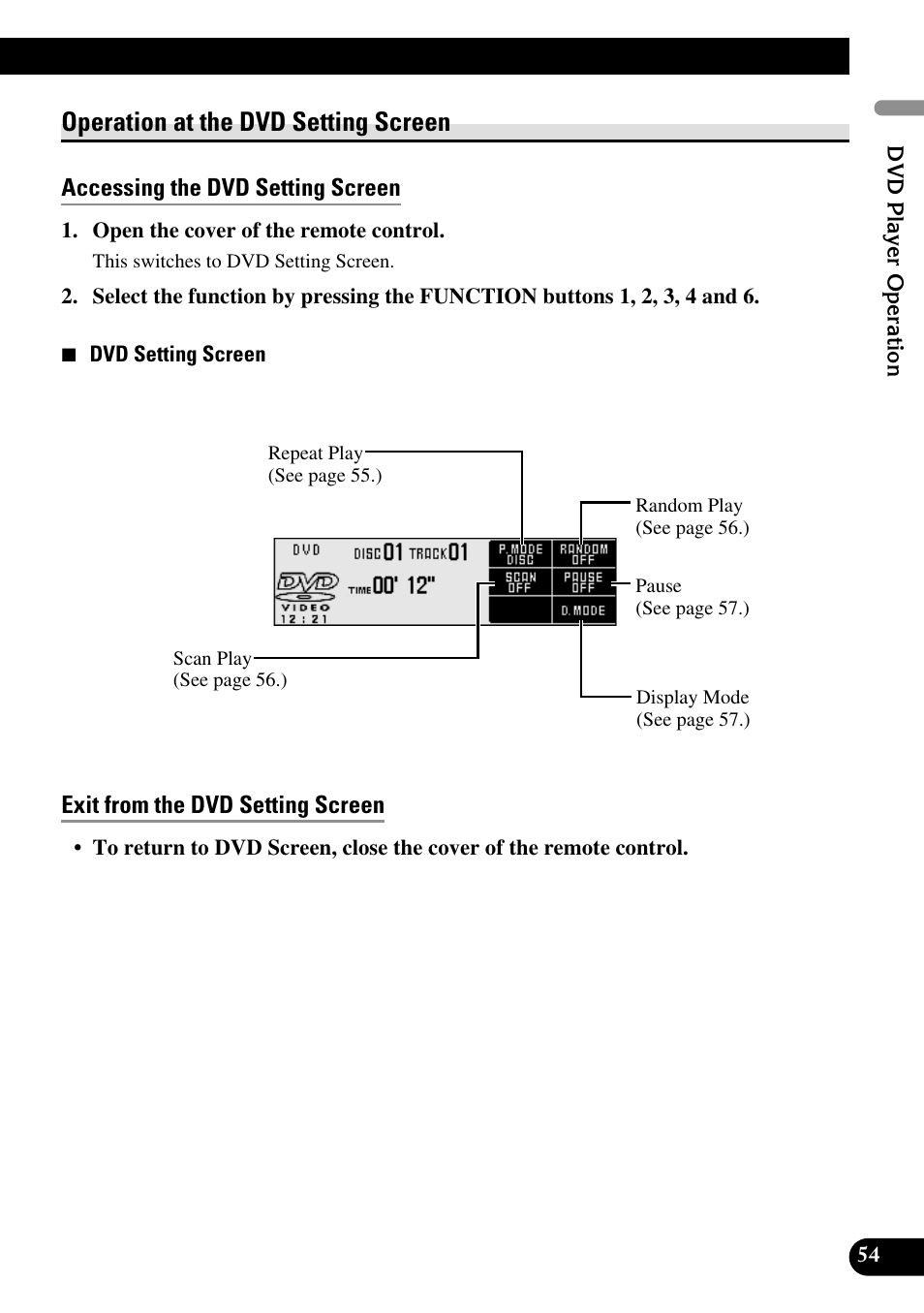 Operation at the dvd setting screen, Accessing the dvd setting screen, Exit from the dvd setting screen | Pioneer DEX-P90RS User Manual | Page 55 / 94