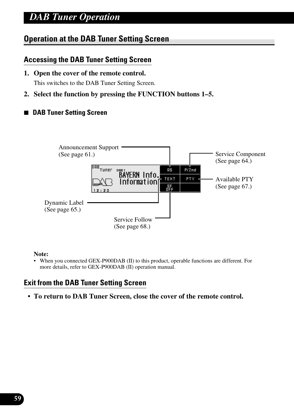 Operation at, The dab tuner setting screen, Accessing the dab tuner setting screen | Exit from the dab tuner setting screen, Dab tuner operation, Operation at the dab tuner setting screen | Pioneer DEX-P90RS User Manual | Page 60 / 94
