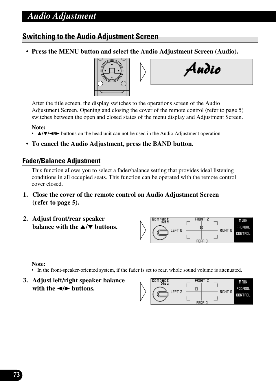 Audio adjustment, Switching to the audio adjustment screen, Fader/balance adjustment | Pioneer DEX-P90RS User Manual | Page 74 / 94