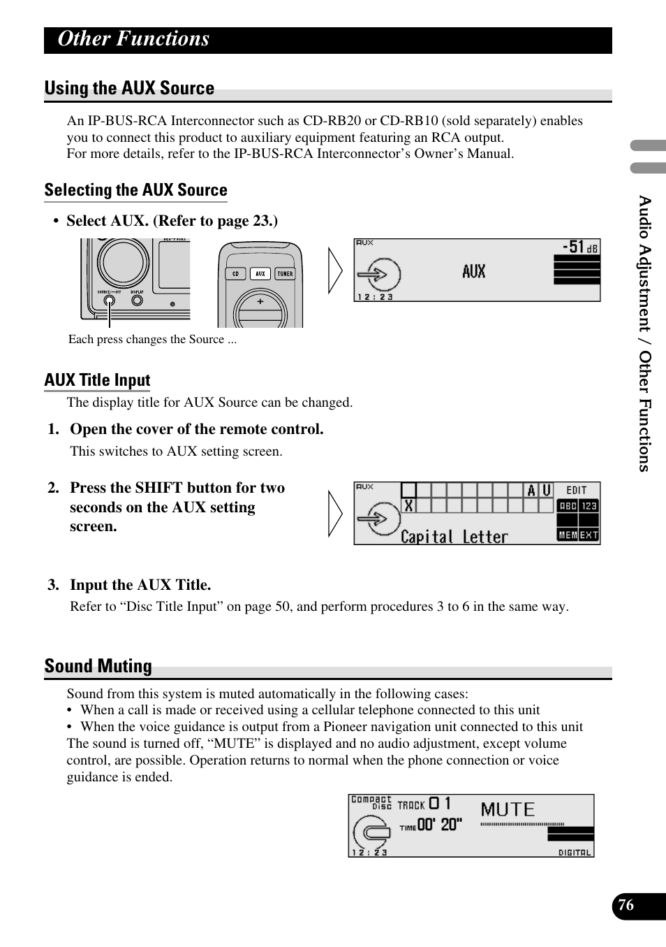 Other functions, Using the aux source, Selecting the aux source | Aux title input, Sound muting | Pioneer DEX-P90RS User Manual | Page 77 / 94