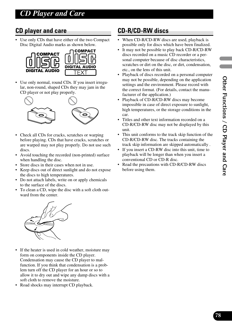 Cd player and care, Cd player and care cd-r/cd-rw discs, Cd-r/cd-rw discs | Pioneer DEX-P90RS User Manual | Page 79 / 94