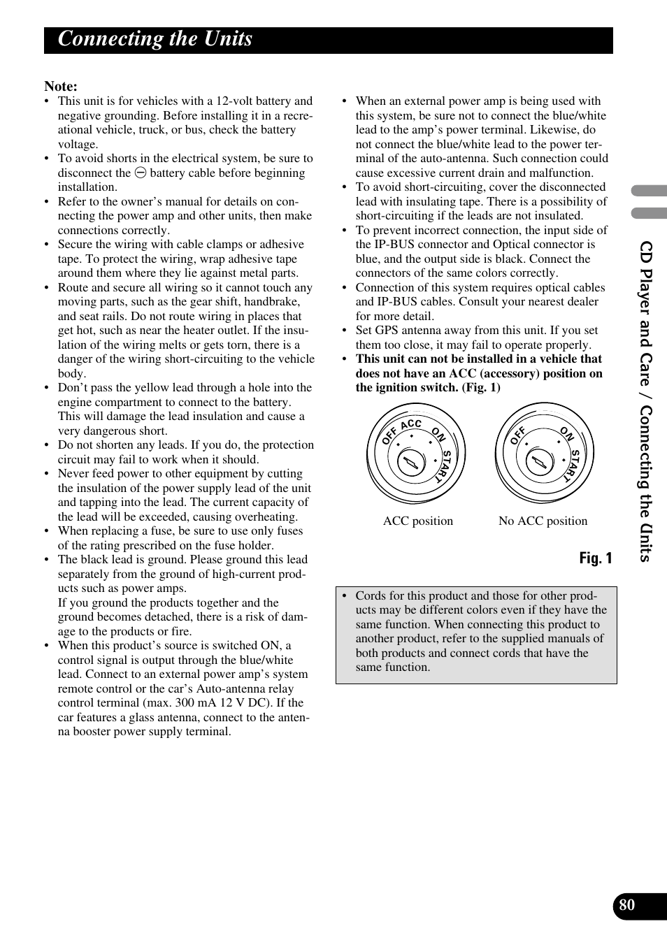 Connecting the units, Fig. 1, 80 cd player and care / connecting the units | Pioneer DEX-P90RS User Manual | Page 81 / 94