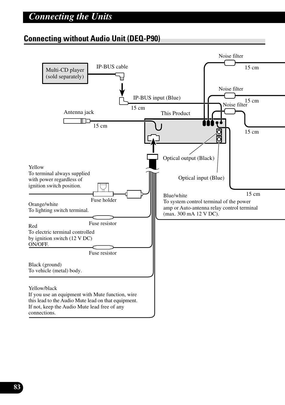 Connecting without, Audio unit (deq-p90), Connecting the units | Connecting without audio unit (deq-p90) | Pioneer DEX-P90RS User Manual | Page 84 / 94