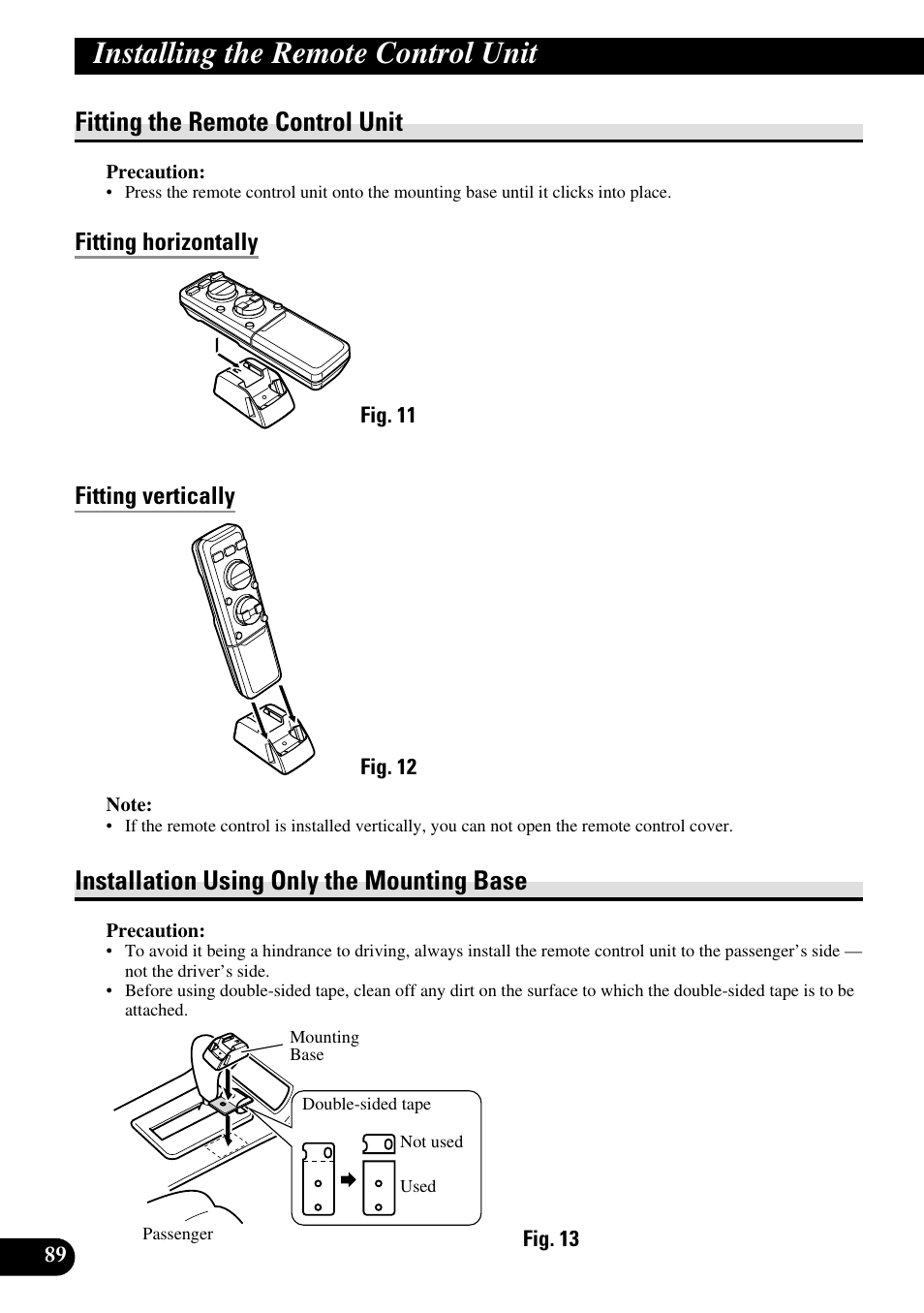 Installing the remote control unit, Fitting the remote control unit, Fitting horizontally | Fitting vertically, Installation using only the mounting base, Fitting horizontally fitting vertically | Pioneer DEX-P90RS User Manual | Page 90 / 94