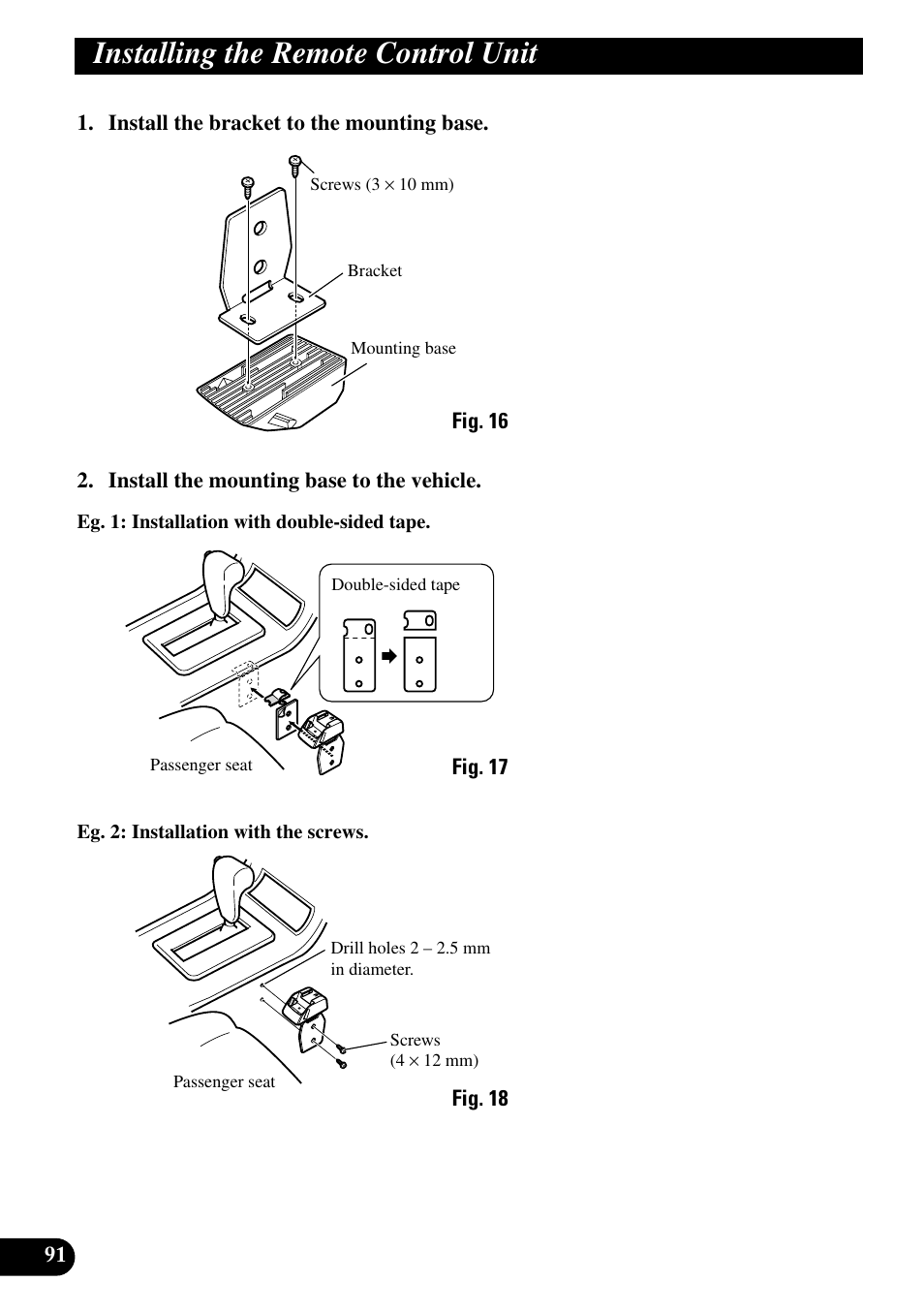 Installing the remote control unit | Pioneer DEX-P90RS User Manual | Page 92 / 94