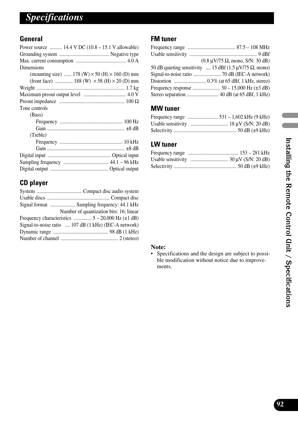 Specifications | Pioneer DEX-P90RS User Manual | Page 93 / 94