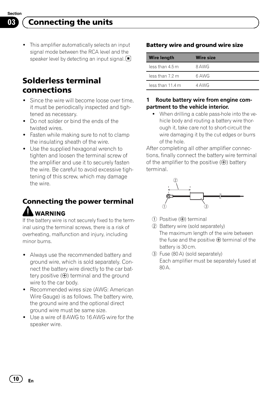 Solderless terminal connections, 03 connecting the units, Connecting the power terminal | Pioneer GM-D8604 User Manual | Page 10 / 96