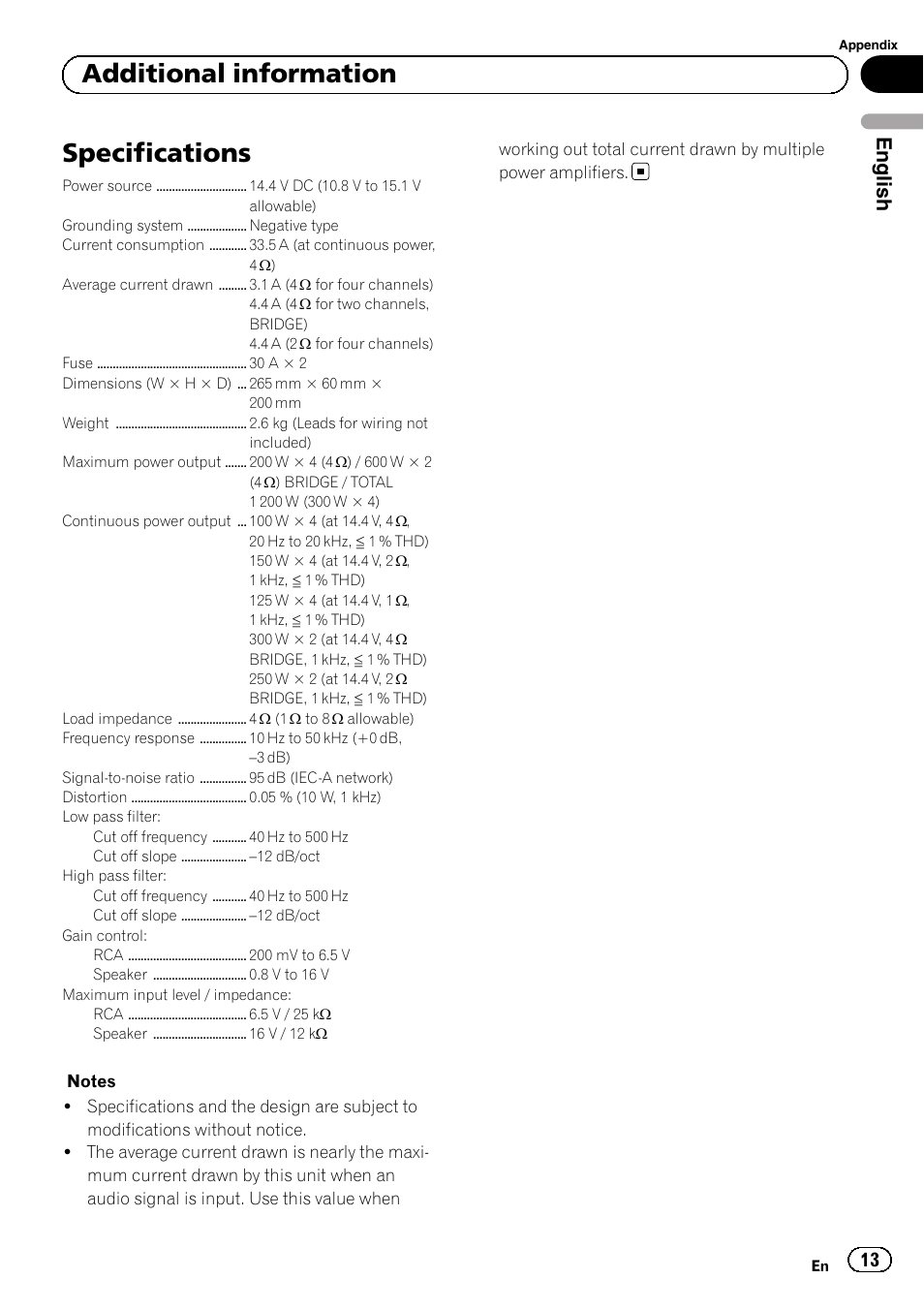 Specifications, Additional information, English | Pioneer GM-D8604 User Manual | Page 13 / 96