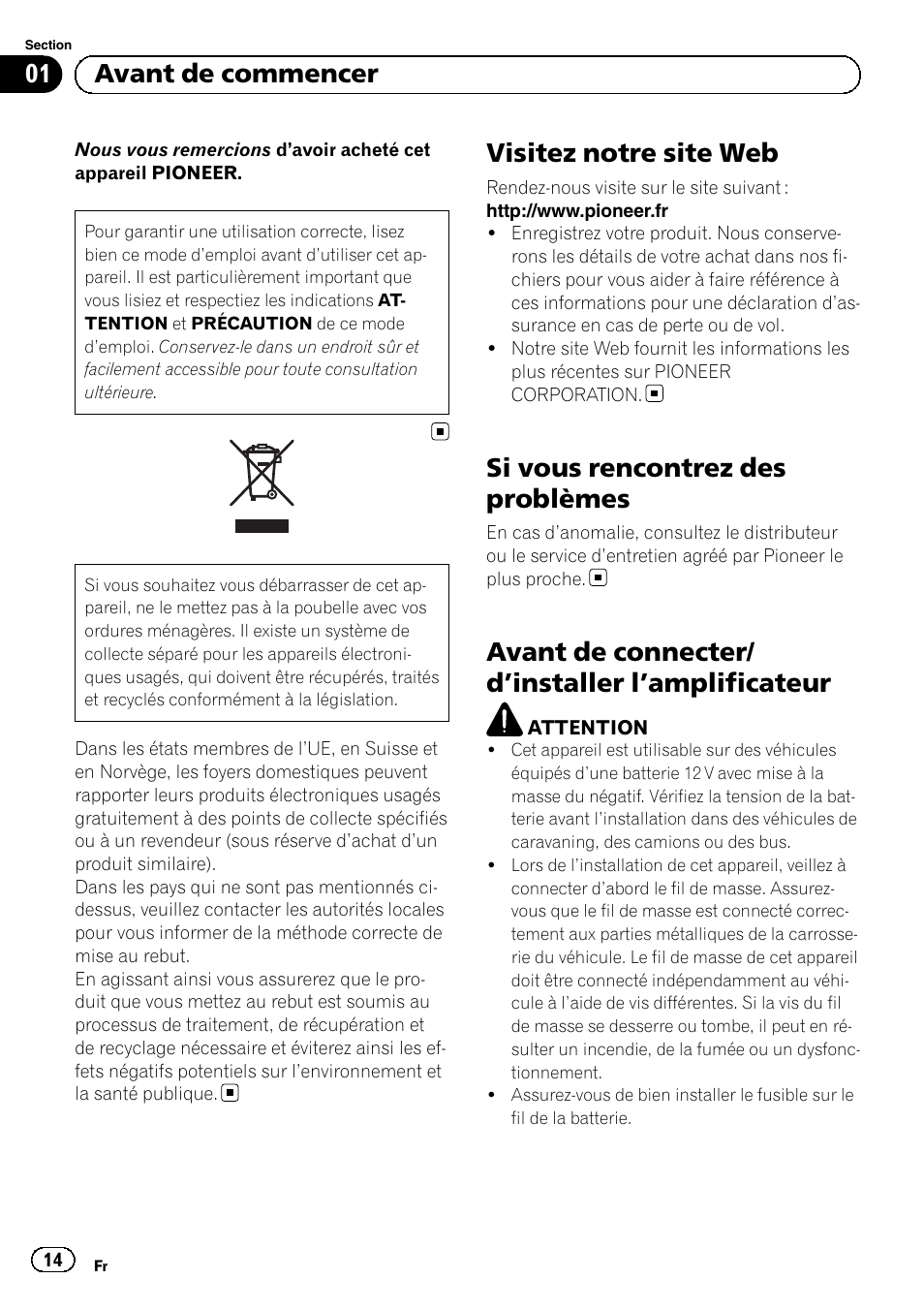 Français, Visitez notre site web, Si vous rencontrez des problèmes | Avant de connecter/ d ’installer l’amplificateur, 01 avant de commencer | Pioneer GM-D8604 User Manual | Page 14 / 96