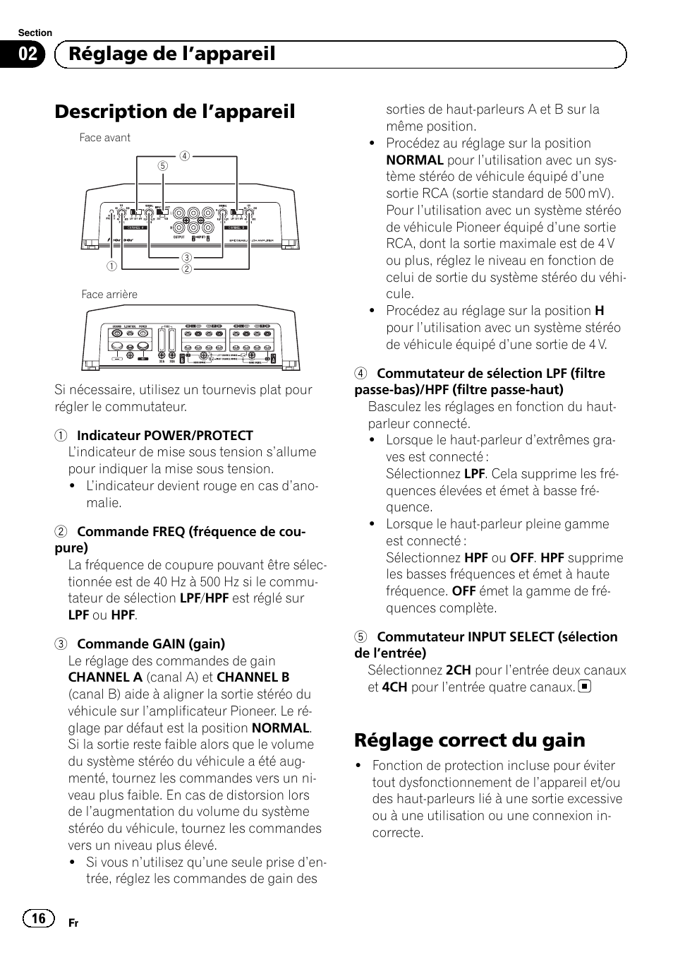 Description de l ’appareil, Réglage correct du gain, 02 réglage de l ’appareil | Pioneer GM-D8604 User Manual | Page 16 / 96