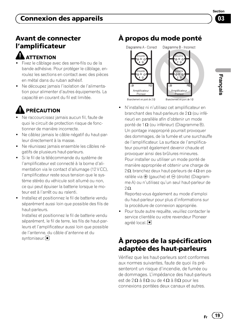 Avant de connecter l ’amplificateur, À propos du mode ponté, 03 connexion des appareils | Pioneer GM-D8604 User Manual | Page 19 / 96