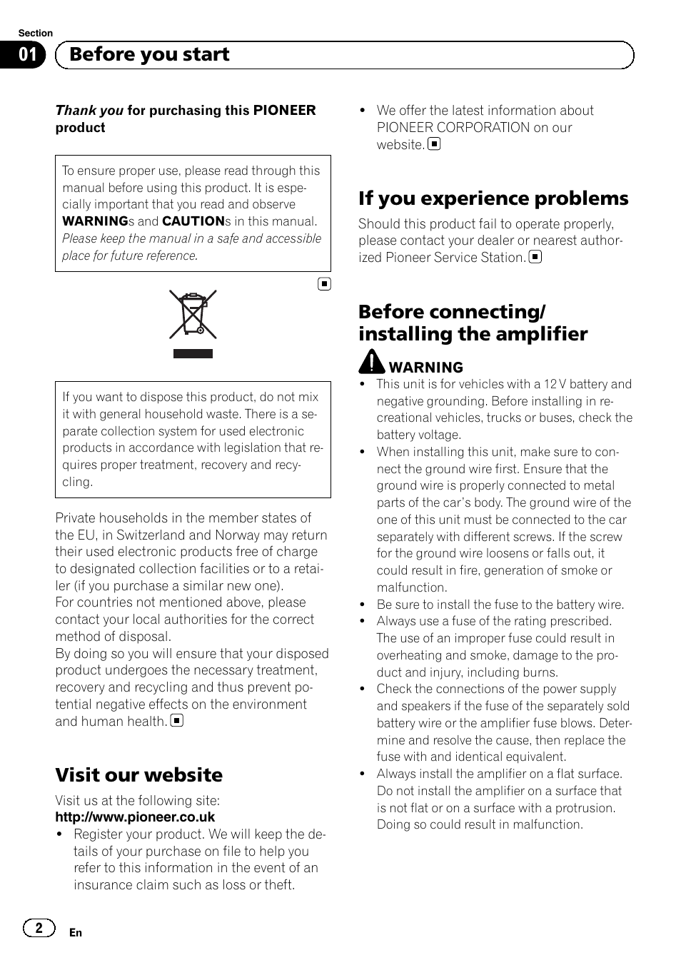 English, Visit our website, If you experience problems | Before connecting/ installing the amplifier, 01 before you start | Pioneer GM-D8604 User Manual | Page 2 / 96