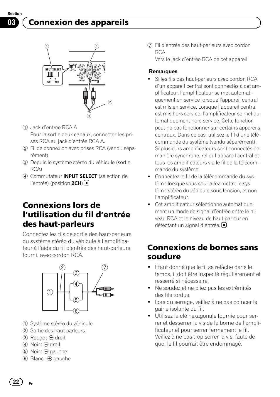 Utilisation du fil d’entrée des, Haut-parleurs, Connexions de bornes sans soudure | 03 connexion des appareils | Pioneer GM-D8604 User Manual | Page 22 / 96