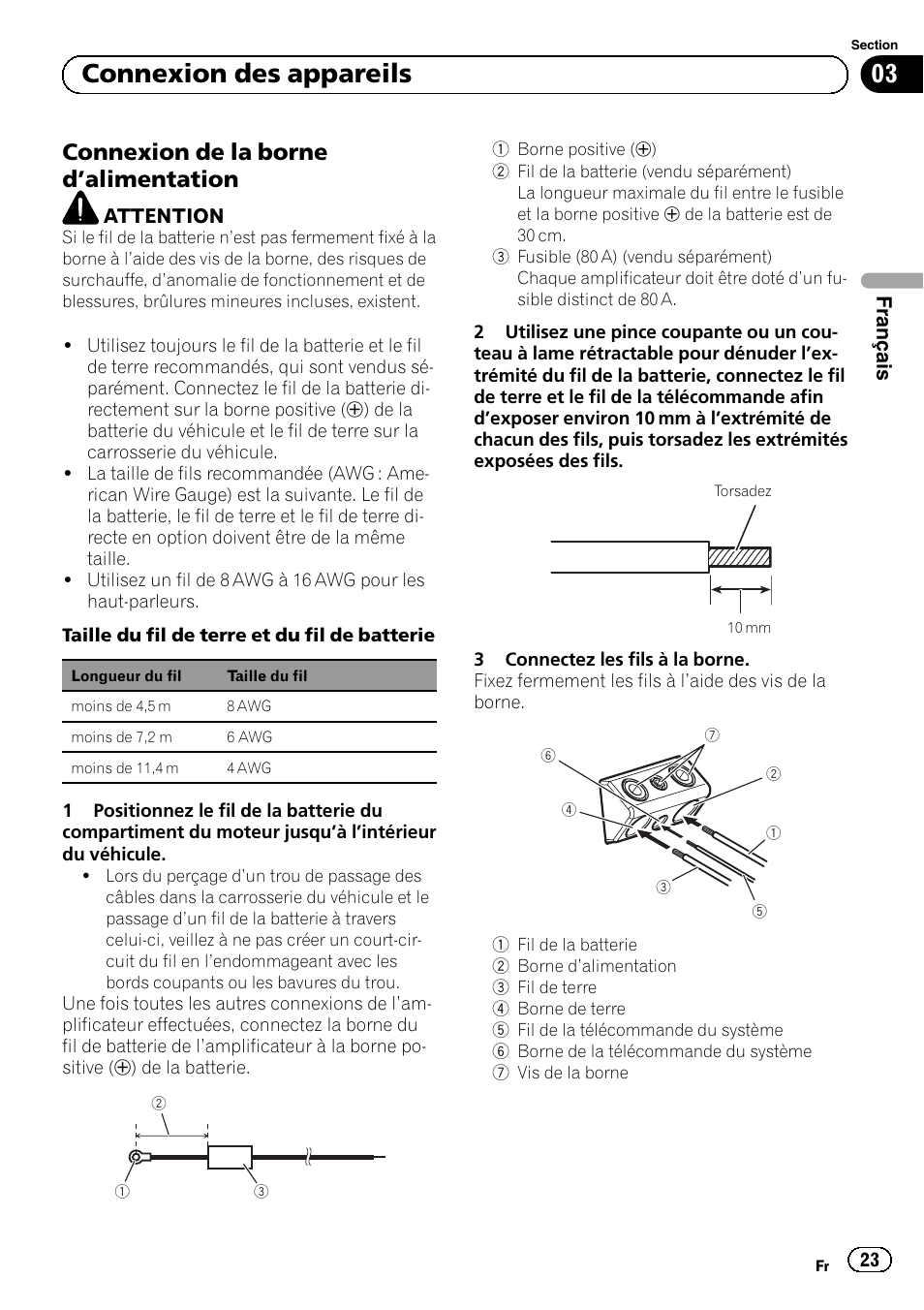 Alimentation, 03 connexion des appareils, Connexion de la borne d ’alimentation | Pioneer GM-D8604 User Manual | Page 23 / 96