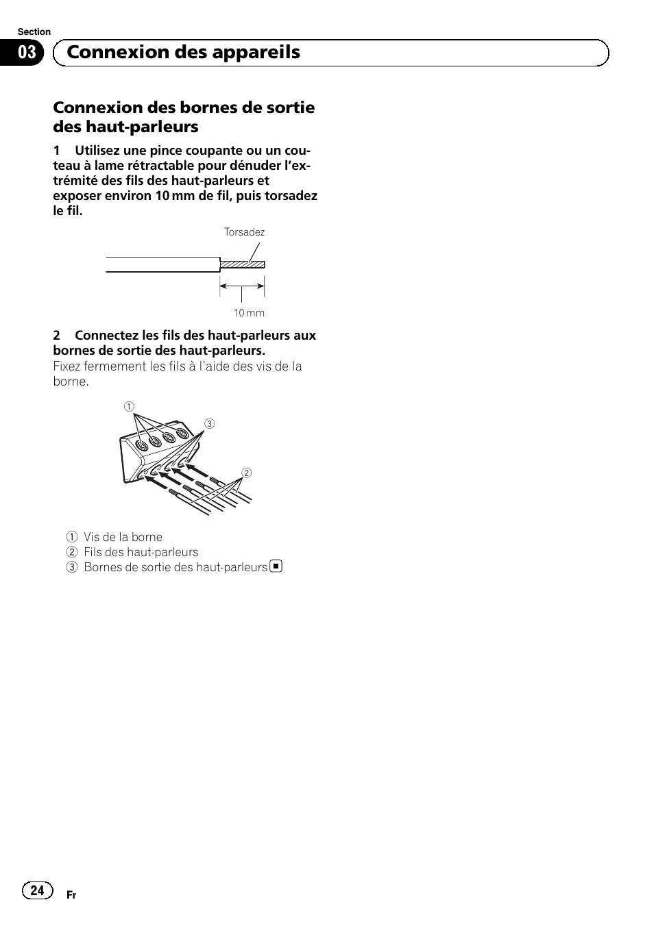 03 connexion des appareils, Connexion des bornes de sortie des haut-parleurs | Pioneer GM-D8604 User Manual | Page 24 / 96