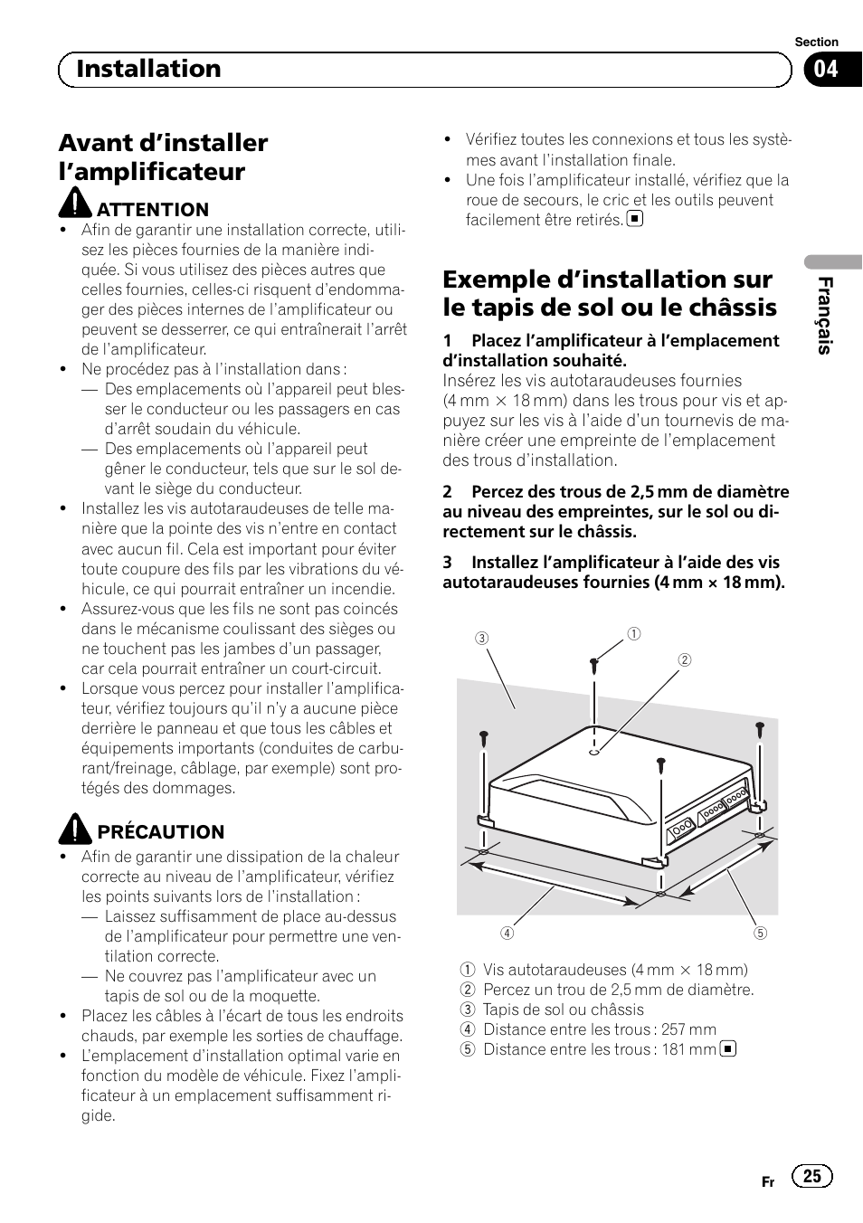 Avant d ’installer l ’amplificateur, 04 installation | Pioneer GM-D8604 User Manual | Page 25 / 96