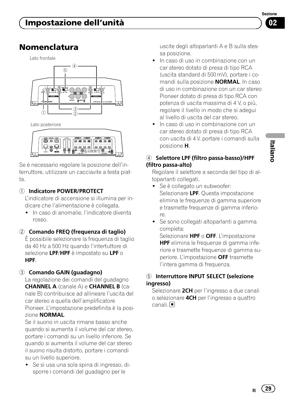 Nomenclatura, 02 impostazione dell ’unità | Pioneer GM-D8604 User Manual | Page 29 / 96