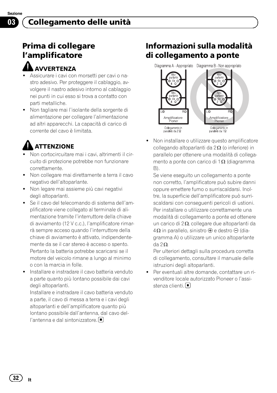 Prima di collegare l ’amplificatore, 03 collegamento delle unità | Pioneer GM-D8604 User Manual | Page 32 / 96