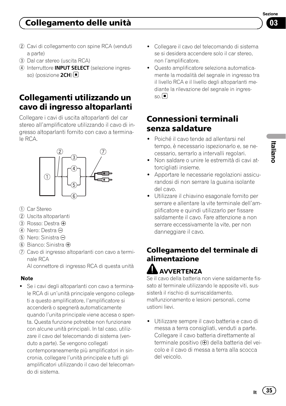 Connessioni terminali senza saldature, 03 collegamento delle unità, Collegamento del terminale di alimentazione | Pioneer GM-D8604 User Manual | Page 35 / 96