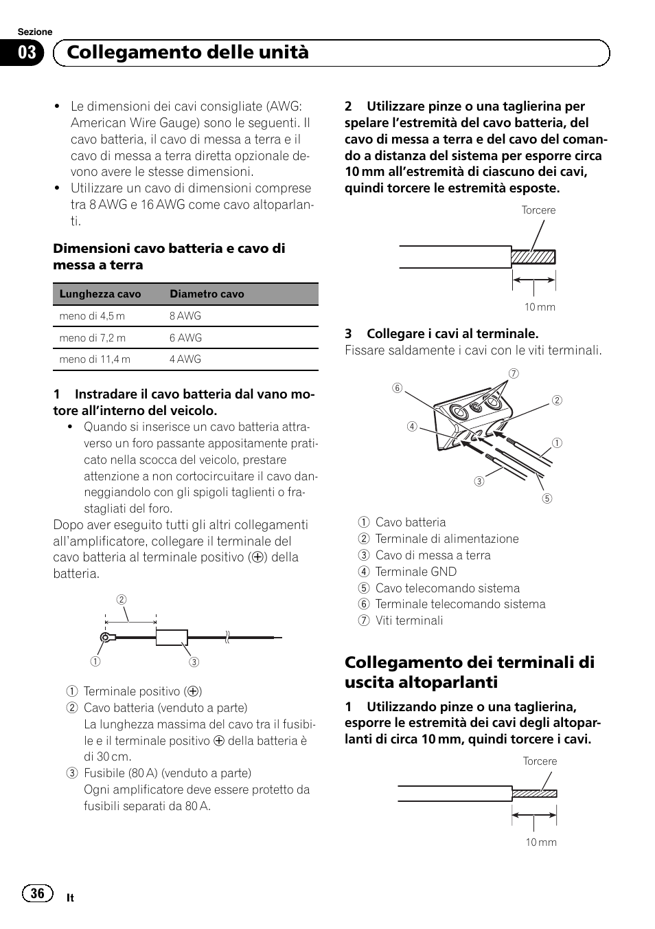 03 collegamento delle unità, Collegamento dei terminali di uscita altoparlanti | Pioneer GM-D8604 User Manual | Page 36 / 96