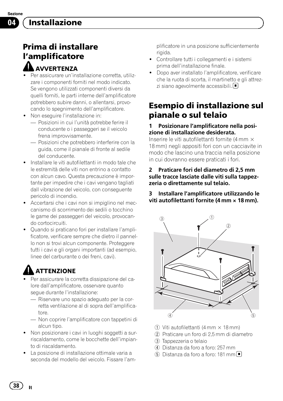 Prima di installare l ’amplificatore, Esempio di installazione sul pianale o sul telaio, 04 installazione | Pioneer GM-D8604 User Manual | Page 38 / 96