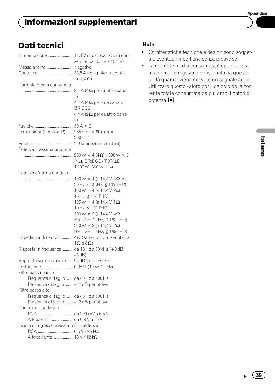 Dati tecnici, Informazioni supplementari, Italiano | Pioneer GM-D8604 User Manual | Page 39 / 96