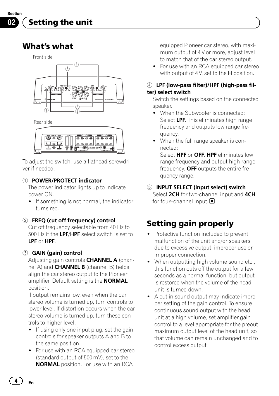 What ’s what, Setting gain properly, 02 setting the unit | Pioneer GM-D8604 User Manual | Page 4 / 96