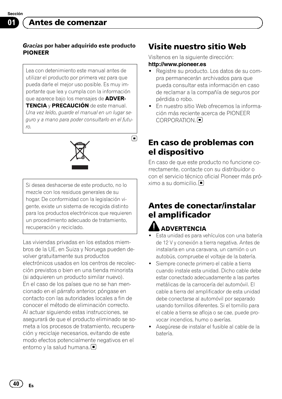 Español, Visite nuestro sitio web, En caso de problemas con el dispositivo | Antes de conectar/instalar el amplificador, 01 antes de comenzar | Pioneer GM-D8604 User Manual | Page 40 / 96