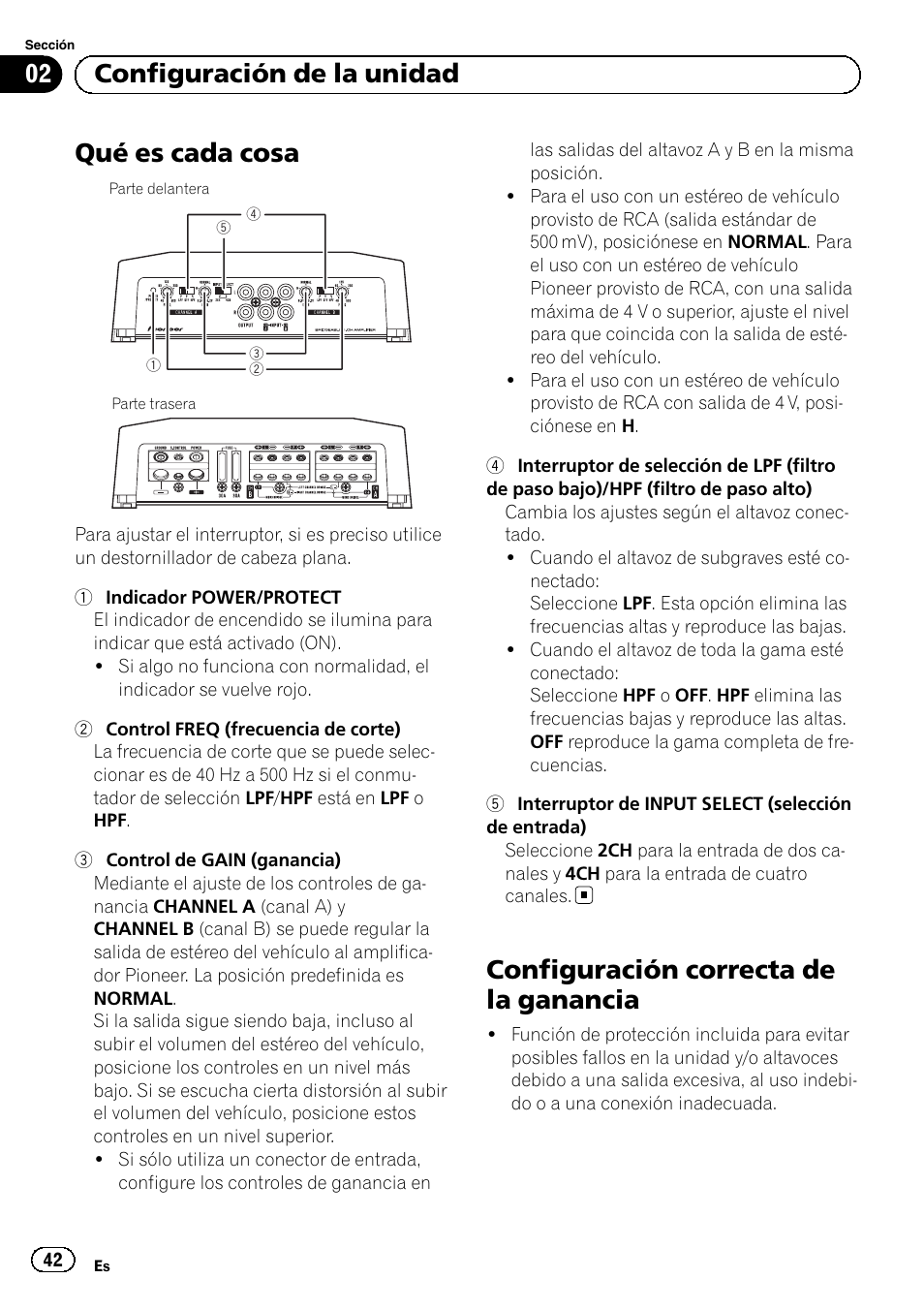 Qué es cada cosa, Configuración correcta de la ganancia, 02 configuración de la unidad | Pioneer GM-D8604 User Manual | Page 42 / 96