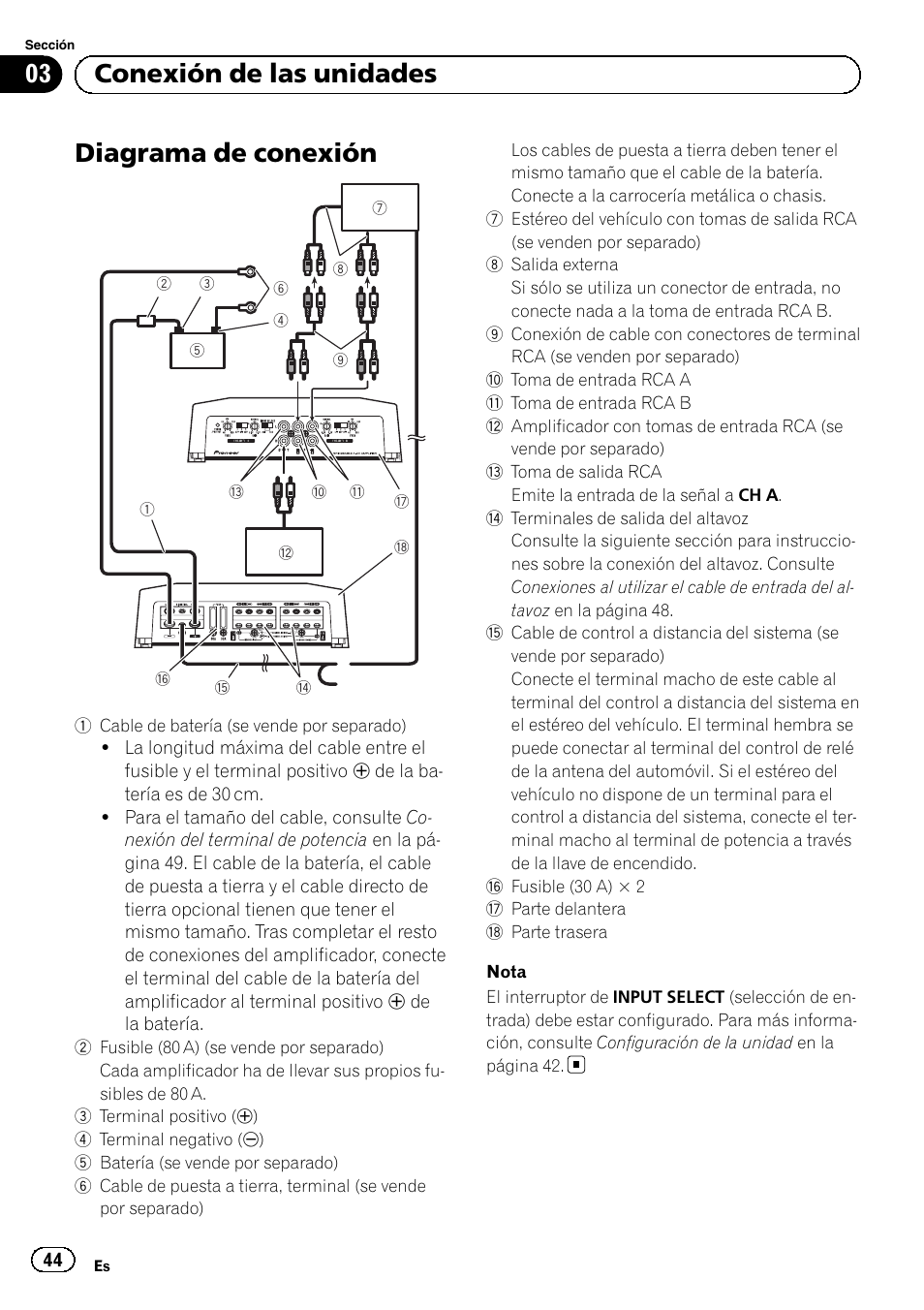 Diagrama de conexión, 03 conexión de las unidades | Pioneer GM-D8604 User Manual | Page 44 / 96