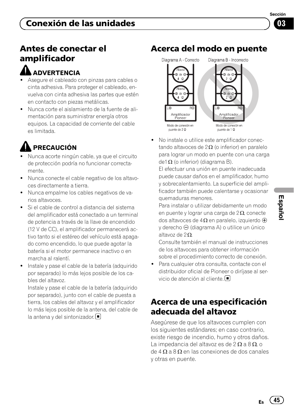 Antes de conectar el amplificador, Acerca del modo en puente, Acerca de una especificación adecuada del altavoz | 03 conexión de las unidades | Pioneer GM-D8604 User Manual | Page 45 / 96